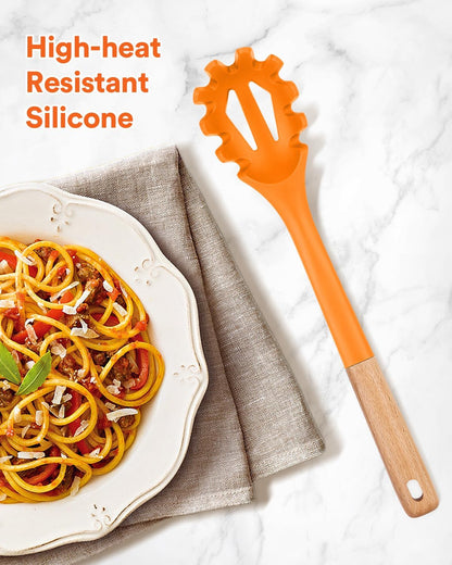 Silicone Pasta Fork, Kitchen Heat Resistant Noodle Spoon Server, BPA Free Spaghetti Strainer,12.8 inch (Khaki)