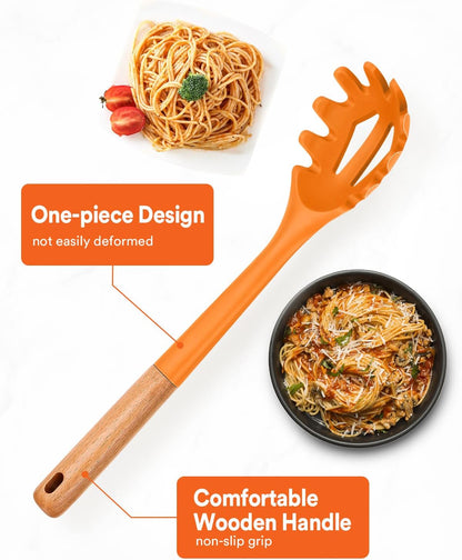 Silicone Pasta Fork, Kitchen Heat Resistant Noodle Spoon Server, BPA Free Spaghetti Strainer,12.8 inch (Khaki)