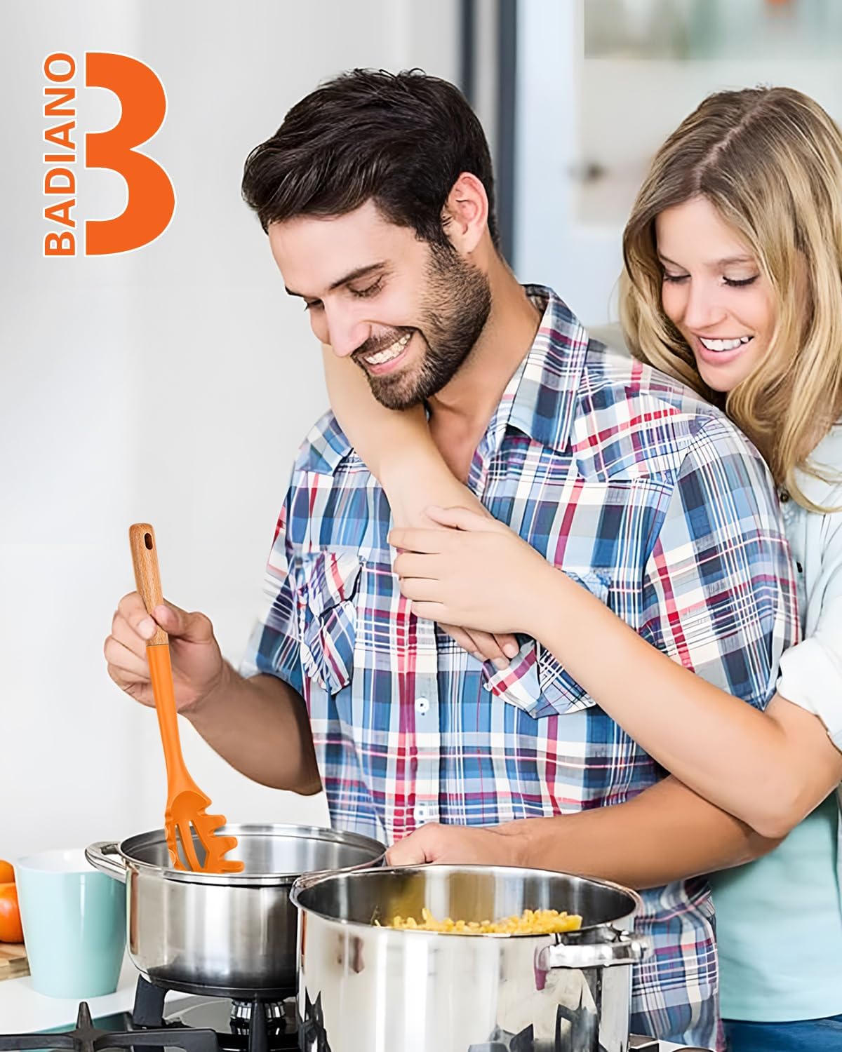 Silicone Pasta Fork, Kitchen Heat Resistant Noodle Spoon Server, BPA Free Spaghetti Strainer,12.8 inch (Khaki)