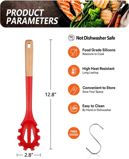 Silicone Pasta Fork, Kitchen Heat Resistant Noodle Spoon Server, BPA Free Spaghetti Strainer,12.8 inch (Khaki)