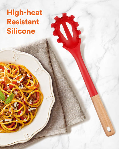 Silicone Pasta Fork, Kitchen Heat Resistant Noodle Spoon Server, BPA Free Spaghetti Strainer,12.8 inch (Khaki)