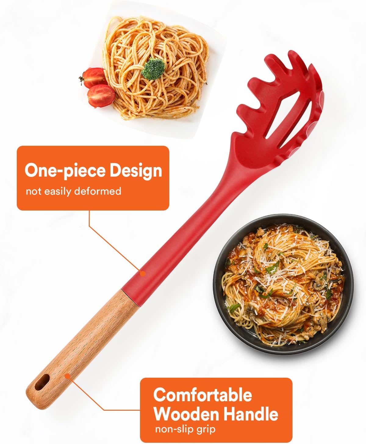 Silicone Pasta Fork, Kitchen Heat Resistant Noodle Spoon Server, BPA Free Spaghetti Strainer,12.8 inch (Khaki)