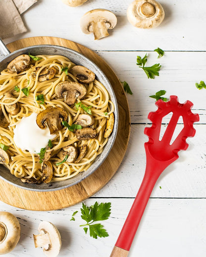 Silicone Pasta Fork, Kitchen Heat Resistant Noodle Spoon Server, BPA Free Spaghetti Strainer,12.8 inch (Khaki)