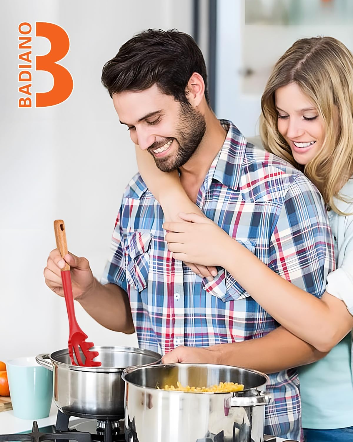 Silicone Pasta Fork, Kitchen Heat Resistant Noodle Spoon Server, BPA Free Spaghetti Strainer,12.8 inch (Khaki)