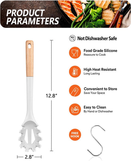 Silicone Pasta Fork, Kitchen Heat Resistant Noodle Spoon Server, BPA Free Spaghetti Strainer,12.8 inch (Khaki)
