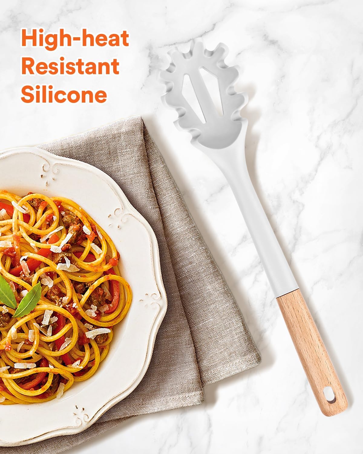 Silicone Pasta Fork, Kitchen Heat Resistant Noodle Spoon Server, BPA Free Spaghetti Strainer,12.8 inch (Khaki)