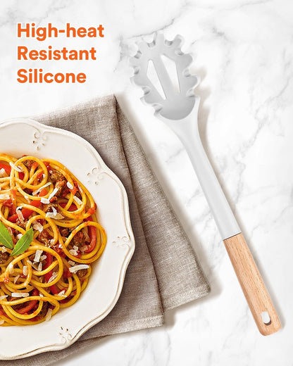 Silicone Pasta Fork, Kitchen Heat Resistant Noodle Spoon Server, BPA Free Spaghetti Strainer,12.8 inch (Khaki)