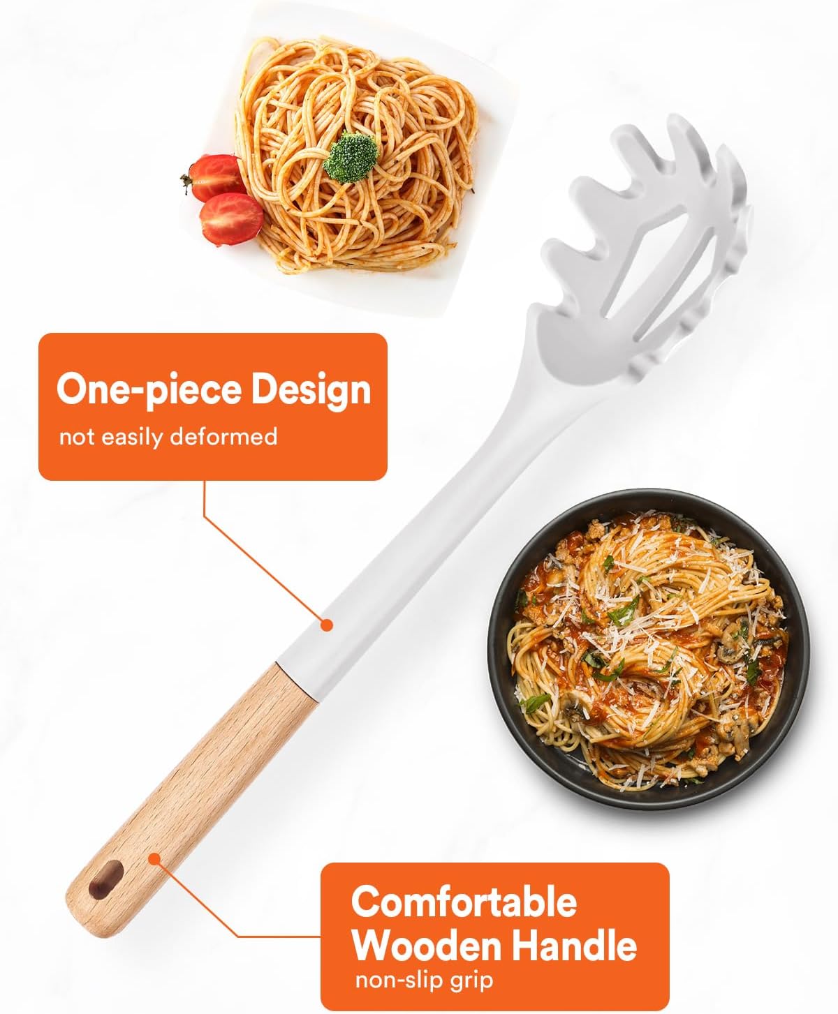 Silicone Pasta Fork, Kitchen Heat Resistant Noodle Spoon Server, BPA Free Spaghetti Strainer,12.8 inch (Khaki)