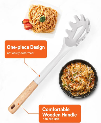 Silicone Pasta Fork, Kitchen Heat Resistant Noodle Spoon Server, BPA Free Spaghetti Strainer,12.8 inch (Khaki)