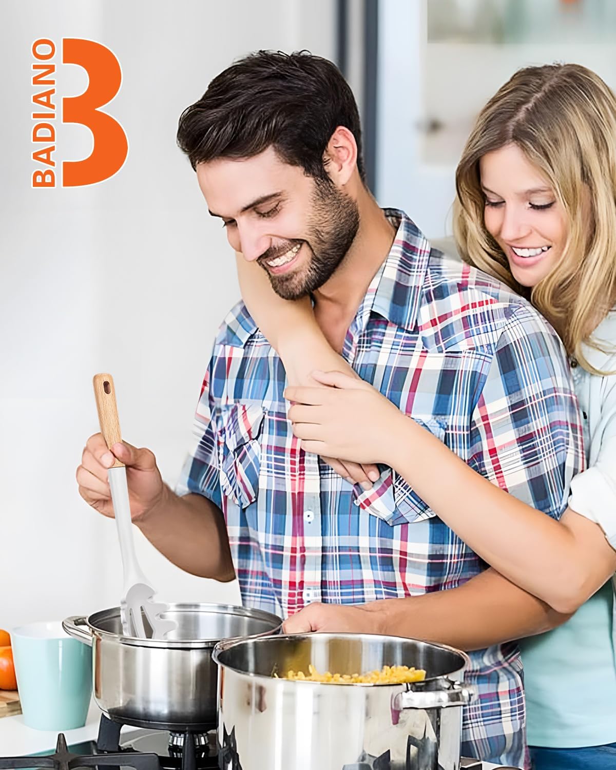 Silicone Pasta Fork, Kitchen Heat Resistant Noodle Spoon Server, BPA Free Spaghetti Strainer,12.8 inch (Khaki)