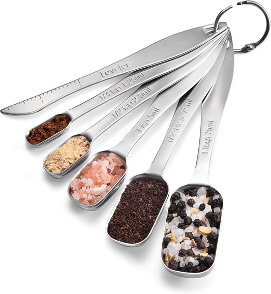 18/8 Stainless Steel Measuring Spoons with Long Handle (Set of 6) | Heavy Duty Rectangular Spoon Square Teaspoon Tablespoon Scoop with Leveler in Narrow Spice Jar for Kitchen Baking Cooking