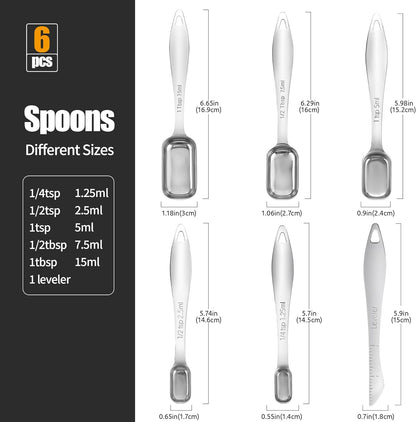 18/8 Stainless Steel Measuring Spoons with Long Handle (Set of 6) | Heavy Duty Rectangular Spoon Square Teaspoon Tablespoon Scoop with Leveler in Narrow Spice Jar for Kitchen Baking Cooking