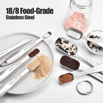 18/8 Stainless Steel Measuring Spoons with Long Handle (Set of 6) | Heavy Duty Rectangular Spoon Square Teaspoon Tablespoon Scoop with Leveler in Narrow Spice Jar for Kitchen Baking Cooking