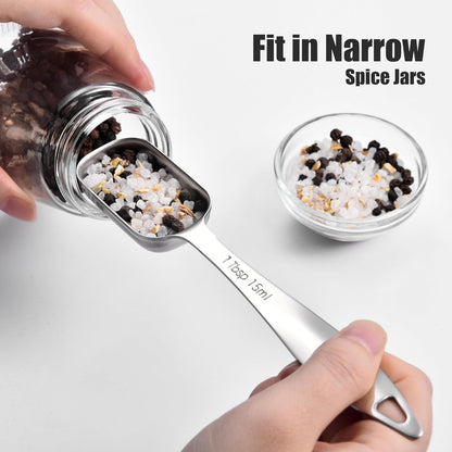 18/8 Stainless Steel Measuring Spoons with Long Handle (Set of 6) | Heavy Duty Rectangular Spoon Square Teaspoon Tablespoon Scoop with Leveler in Narrow Spice Jar for Kitchen Baking Cooking
