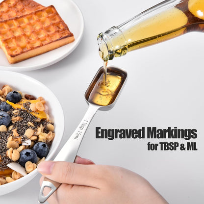 18/8 Stainless Steel Measuring Spoons with Long Handle (Set of 6) | Heavy Duty Rectangular Spoon Square Teaspoon Tablespoon Scoop with Leveler in Narrow Spice Jar for Kitchen Baking Cooking
