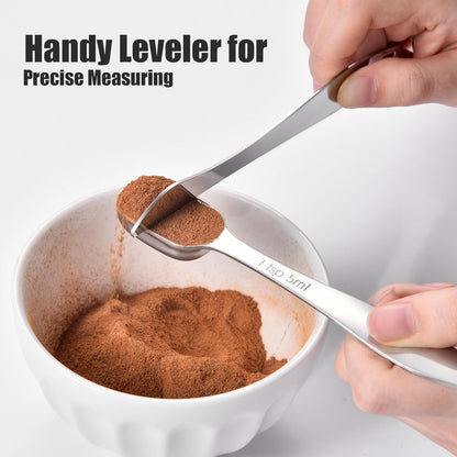 18/8 Stainless Steel Measuring Spoons with Long Handle (Set of 6) | Heavy Duty Rectangular Spoon Square Teaspoon Tablespoon Scoop with Leveler in Narrow Spice Jar for Kitchen Baking Cooking