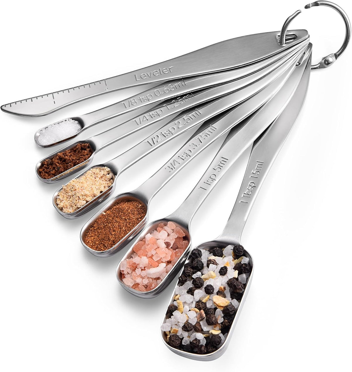 18/8 Stainless Steel Measuring Spoons with Long Handle (Set of 6) | Heavy Duty Rectangular Spoon Square Teaspoon Tablespoon Scoop with Leveler in Narrow Spice Jar for Kitchen Baking Cooking