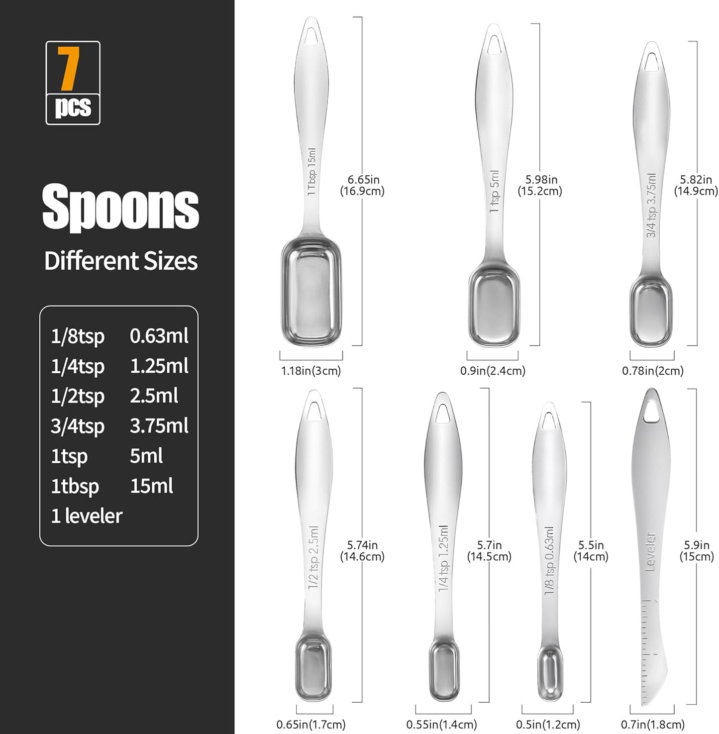 18/8 Stainless Steel Measuring Spoons with Long Handle (Set of 6) | Heavy Duty Rectangular Spoon Square Teaspoon Tablespoon Scoop with Leveler in Narrow Spice Jar for Kitchen Baking Cooking