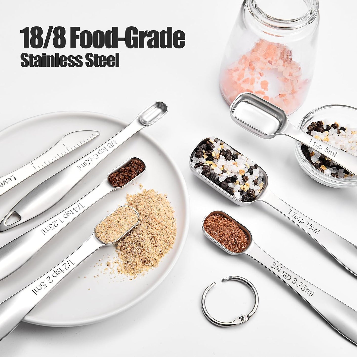 18/8 Stainless Steel Measuring Spoons with Long Handle (Set of 6) | Heavy Duty Rectangular Spoon Square Teaspoon Tablespoon Scoop with Leveler in Narrow Spice Jar for Kitchen Baking Cooking