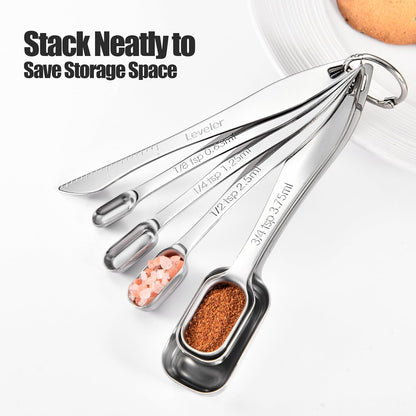 18/8 Stainless Steel Measuring Spoons with Long Handle (Set of 6) | Heavy Duty Rectangular Spoon Square Teaspoon Tablespoon Scoop with Leveler in Narrow Spice Jar for Kitchen Baking Cooking