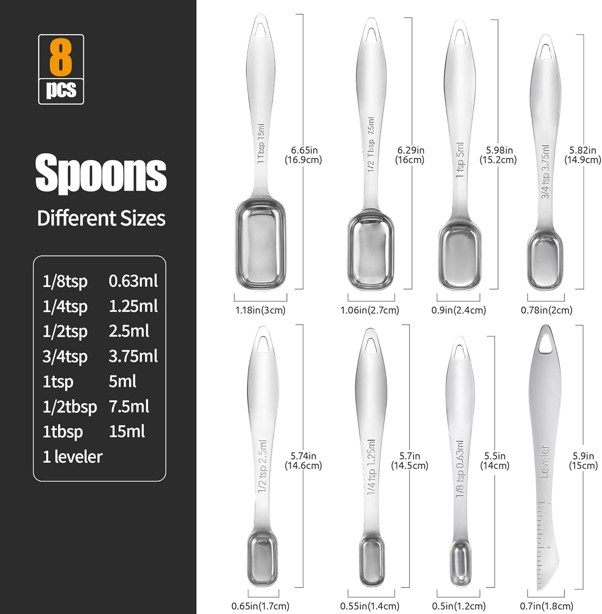 18/8 Stainless Steel Measuring Spoons with Long Handle (Set of 6) | Heavy Duty Rectangular Spoon Square Teaspoon Tablespoon Scoop with Leveler in Narrow Spice Jar for Kitchen Baking Cooking