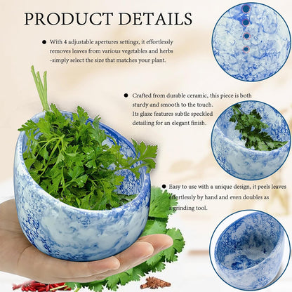 Efficient Ceramic Herb Stripper Bowl Pottery Herb Stripping Tool, Kitchen Leaf Removal Tool for Kale, Chard, Cilantro, Thyme, Basil, Parsley & Rosemary