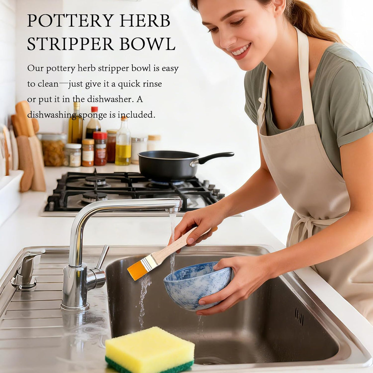 Efficient Ceramic Herb Stripper Bowl Pottery Herb Stripping Tool, Kitchen Leaf Removal Tool for Kale, Chard, Cilantro, Thyme, Basil, Parsley & Rosemary