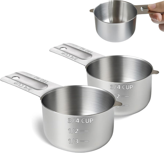 2 Pcs 3/4 Cup Measuring Cup, 180ml (6oz) Stainless Steel Scoop, Stainless Steel Measuring Cups, Suitable for Cooking, Baking, And Coffee Preparation