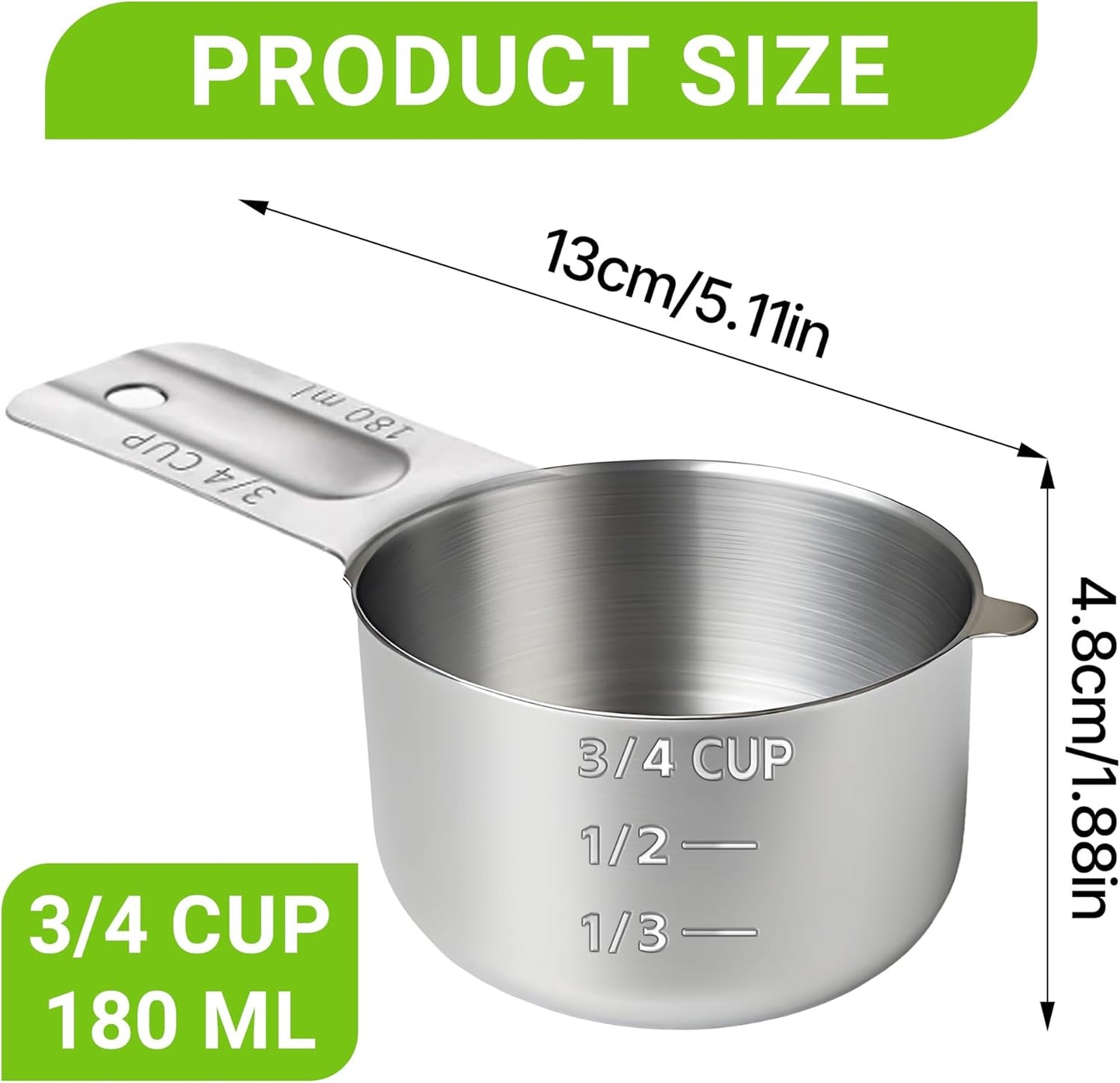 2 Pcs 3/4 Cup Measuring Cup, 180ml (6oz) Stainless Steel Scoop, Stainless Steel Measuring Cups, Suitable for Cooking, Baking, And Coffee Preparation