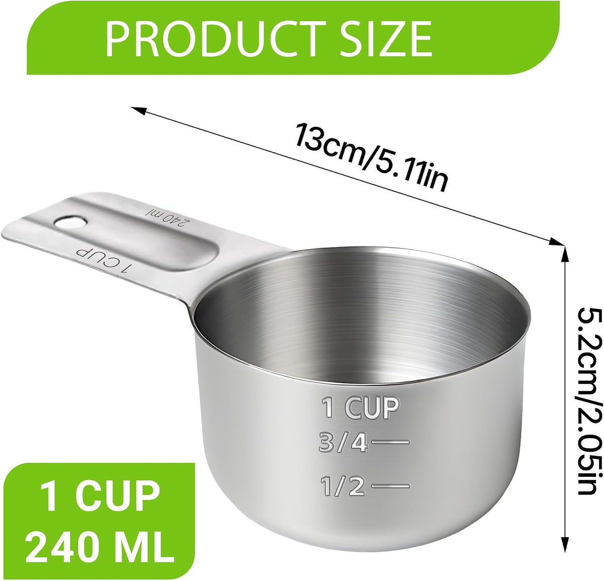 2 Pcs 3/4 Cup Measuring Cup, 180ml (6oz) Stainless Steel Scoop, Stainless Steel Measuring Cups, Suitable for Cooking, Baking, And Coffee Preparation