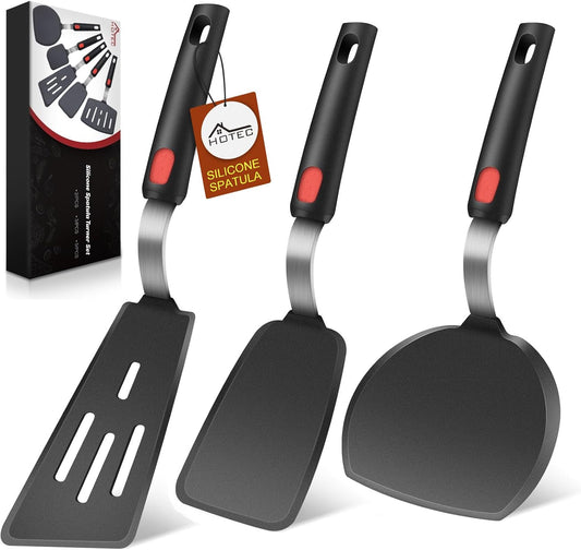 Silicone Spatula Turner Set of 3, Heat Resistant 600°F & BPA-Free Flexible Rubber Spatulas for Nonstick Cookware, Kitchen Utensils for Flipping Eggs, Fish, Burgers, Pancakes, Cookie, Crepes