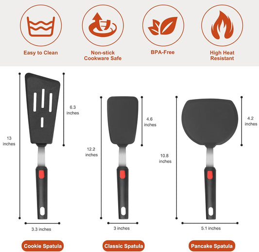 Silicone Spatula Turner Set of 3, Heat Resistant 600°F & BPA-Free Flexible Rubber Spatulas for Nonstick Cookware, Kitchen Utensils for Flipping Eggs, Fish, Burgers, Pancakes, Cookie, Crepes