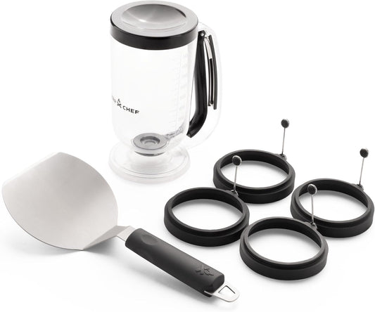 Breakfast Kit - Flat-Top Griddle Accessories Includes Pancake Batter Dispenser, Griddle Spatula & 4 Egg Rings