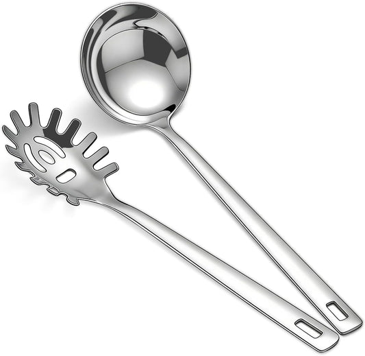 Kitchen Ladle Spoon and Spaghetti Spoon Set 2 pieces, Pasta Spoon Stainless Steel Kitchen Utensils for Cooking, Stirring, Serving Spaghetti, Soup, Sauce, Dishwasher Safe