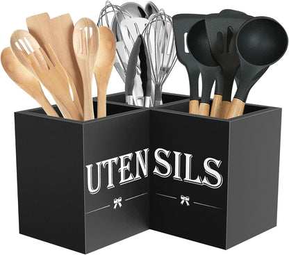 Extra Large Utensil Holder Countertop for Kitchen Counter,Wood,Black | Hold 40 Utensils,3 Removable Divider,Rutic Silverware Organizer Caddy,Spacesaving,Farmhouse Cooking Crock for Spatula,Spoon