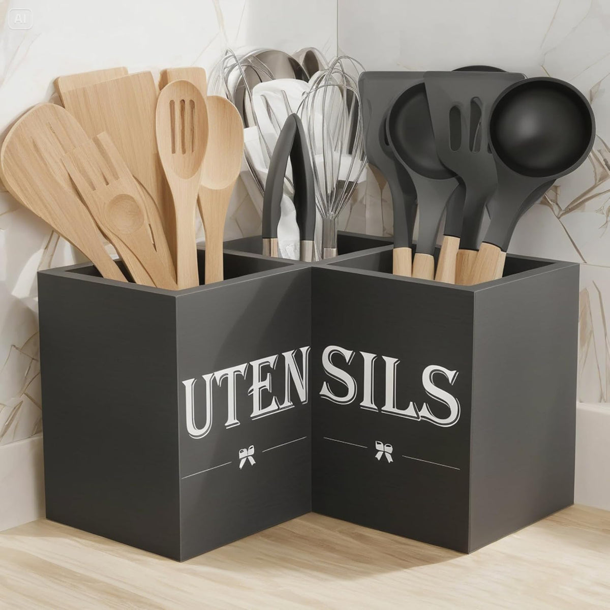 Extra Large Utensil Holder Countertop for Kitchen Counter,Wood,Black | Hold 40 Utensils,3 Removable Divider,Rutic Silverware Organizer Caddy,Spacesaving,Farmhouse Cooking Crock for Spatula,Spoon