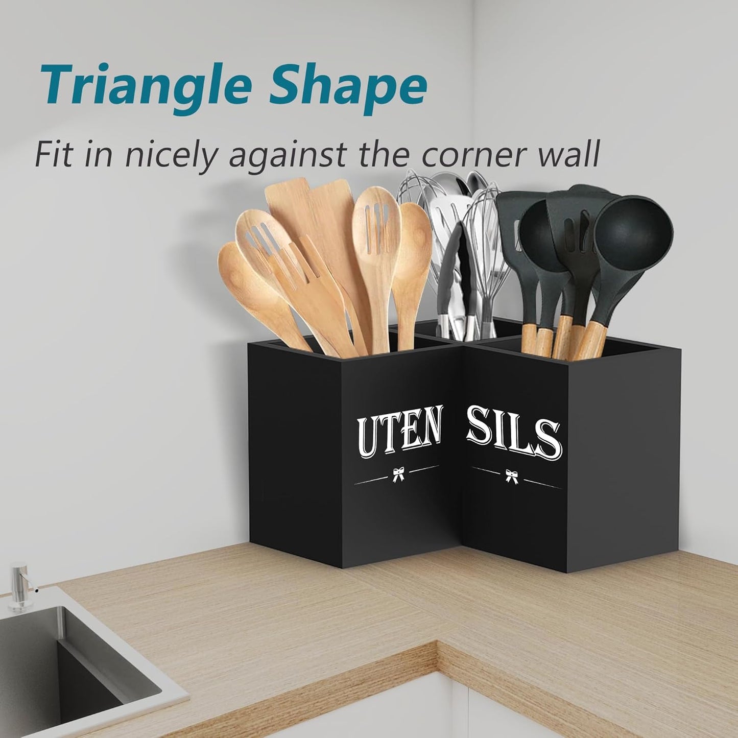 Extra Large Utensil Holder Countertop for Kitchen Counter,Wood,Black | Hold 40 Utensils,3 Removable Divider,Rutic Silverware Organizer Caddy,Spacesaving,Farmhouse Cooking Crock for Spatula,Spoon