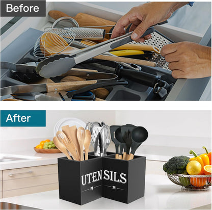 Extra Large Utensil Holder Countertop for Kitchen Counter,Wood,Black | Hold 40 Utensils,3 Removable Divider,Rutic Silverware Organizer Caddy,Spacesaving,Farmhouse Cooking Crock for Spatula,Spoon