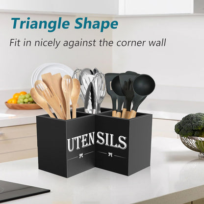 Extra Large Utensil Holder Countertop for Kitchen Counter,Wood,Black | Hold 40 Utensils,3 Removable Divider,Rutic Silverware Organizer Caddy,Spacesaving,Farmhouse Cooking Crock for Spatula,Spoon