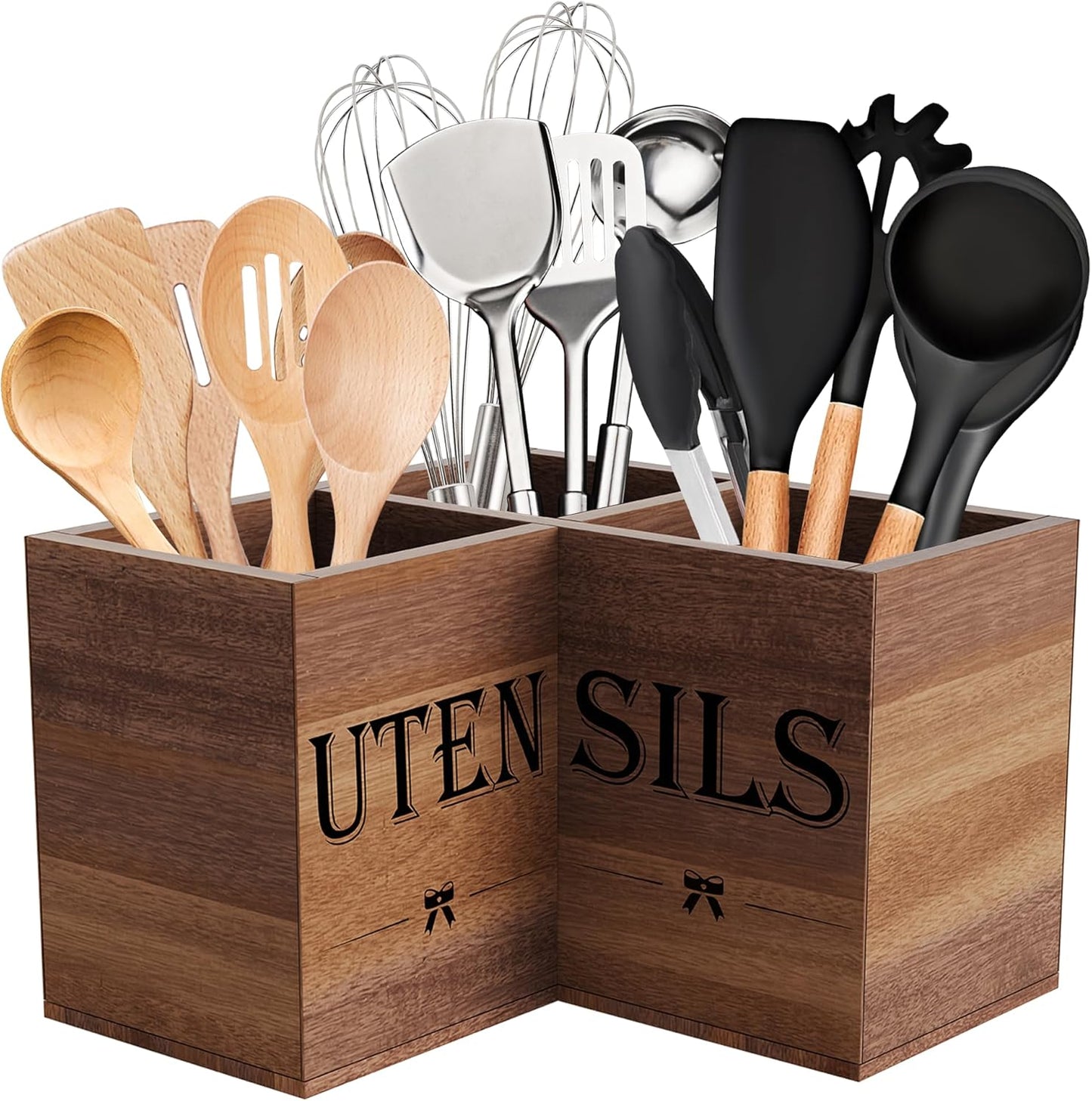 Extra Large Utensil Holder Countertop for Kitchen Counter,Wood,Black | Hold 40 Utensils,3 Removable Divider,Rutic Silverware Organizer Caddy,Spacesaving,Farmhouse Cooking Crock for Spatula,Spoon