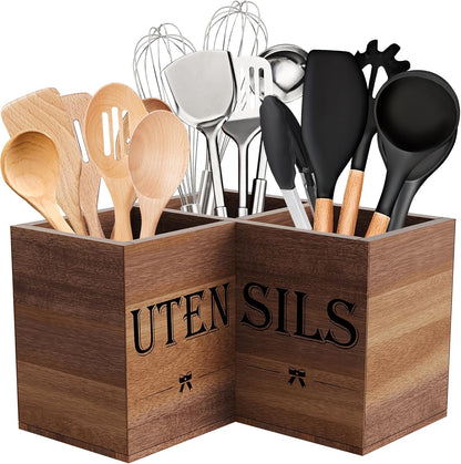 Extra Large Utensil Holder Countertop for Kitchen Counter,Wood,Black | Hold 40 Utensils,3 Removable Divider,Rutic Silverware Organizer Caddy,Spacesaving,Farmhouse Cooking Crock for Spatula,Spoon