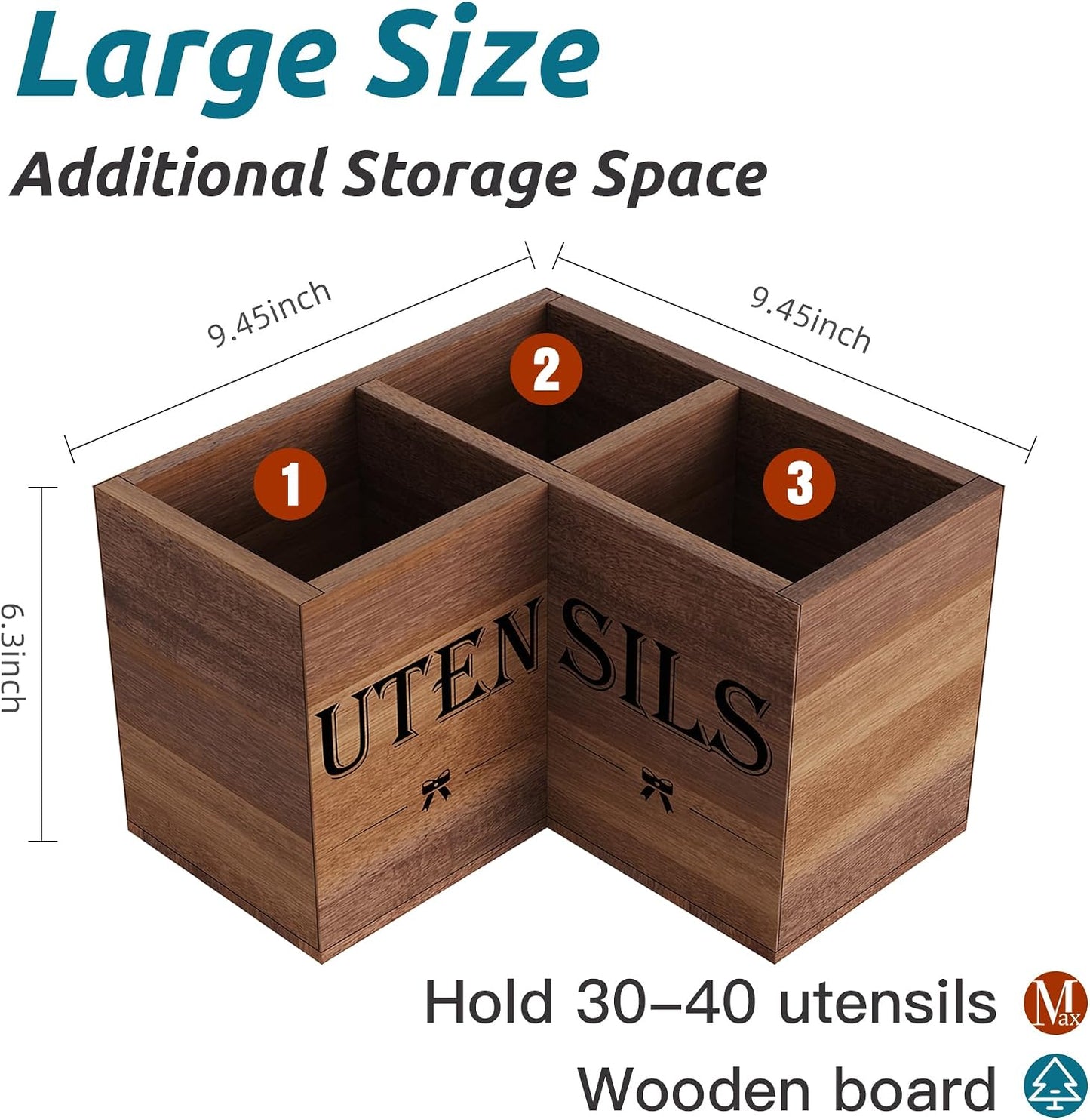 Extra Large Utensil Holder Countertop for Kitchen Counter,Wood,Black | Hold 40 Utensils,3 Removable Divider,Rutic Silverware Organizer Caddy,Spacesaving,Farmhouse Cooking Crock for Spatula,Spoon