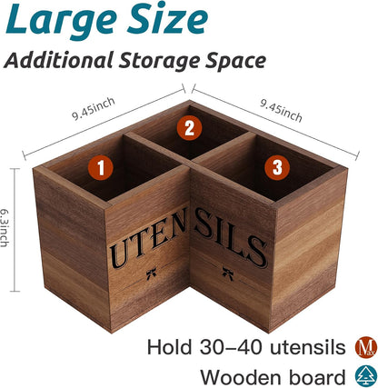Extra Large Utensil Holder Countertop for Kitchen Counter,Wood,Black | Hold 40 Utensils,3 Removable Divider,Rutic Silverware Organizer Caddy,Spacesaving,Farmhouse Cooking Crock for Spatula,Spoon