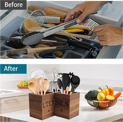 Extra Large Utensil Holder Countertop for Kitchen Counter,Wood,Black | Hold 40 Utensils,3 Removable Divider,Rutic Silverware Organizer Caddy,Spacesaving,Farmhouse Cooking Crock for Spatula,Spoon
