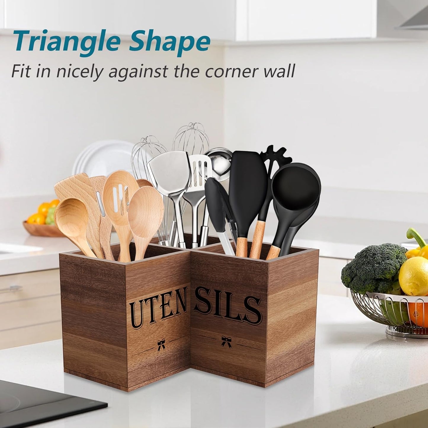 Extra Large Utensil Holder Countertop for Kitchen Counter,Wood,Black | Hold 40 Utensils,3 Removable Divider,Rutic Silverware Organizer Caddy,Spacesaving,Farmhouse Cooking Crock for Spatula,Spoon