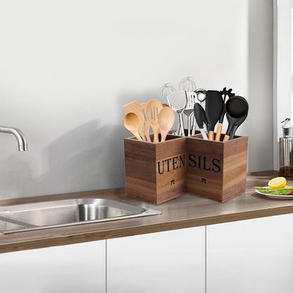 Extra Large Utensil Holder Countertop for Kitchen Counter,Wood,Black | Hold 40 Utensils,3 Removable Divider,Rutic Silverware Organizer Caddy,Spacesaving,Farmhouse Cooking Crock for Spatula,Spoon