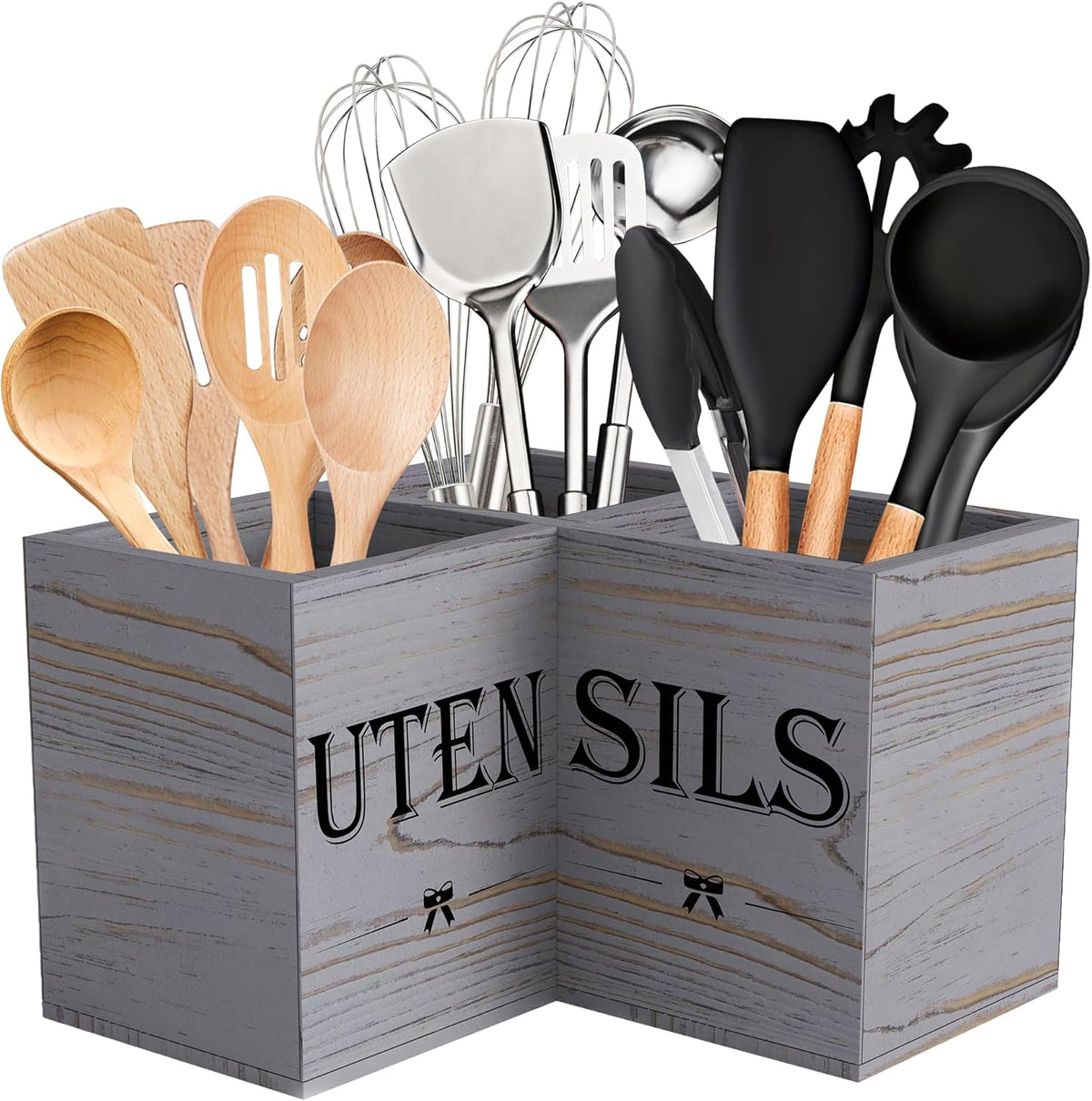 Extra Large Utensil Holder Countertop for Kitchen Counter,Wood,Black | Hold 40 Utensils,3 Removable Divider,Rutic Silverware Organizer Caddy,Spacesaving,Farmhouse Cooking Crock for Spatula,Spoon