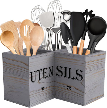 Extra Large Utensil Holder Countertop for Kitchen Counter,Wood,Black | Hold 40 Utensils,3 Removable Divider,Rutic Silverware Organizer Caddy,Spacesaving,Farmhouse Cooking Crock for Spatula,Spoon