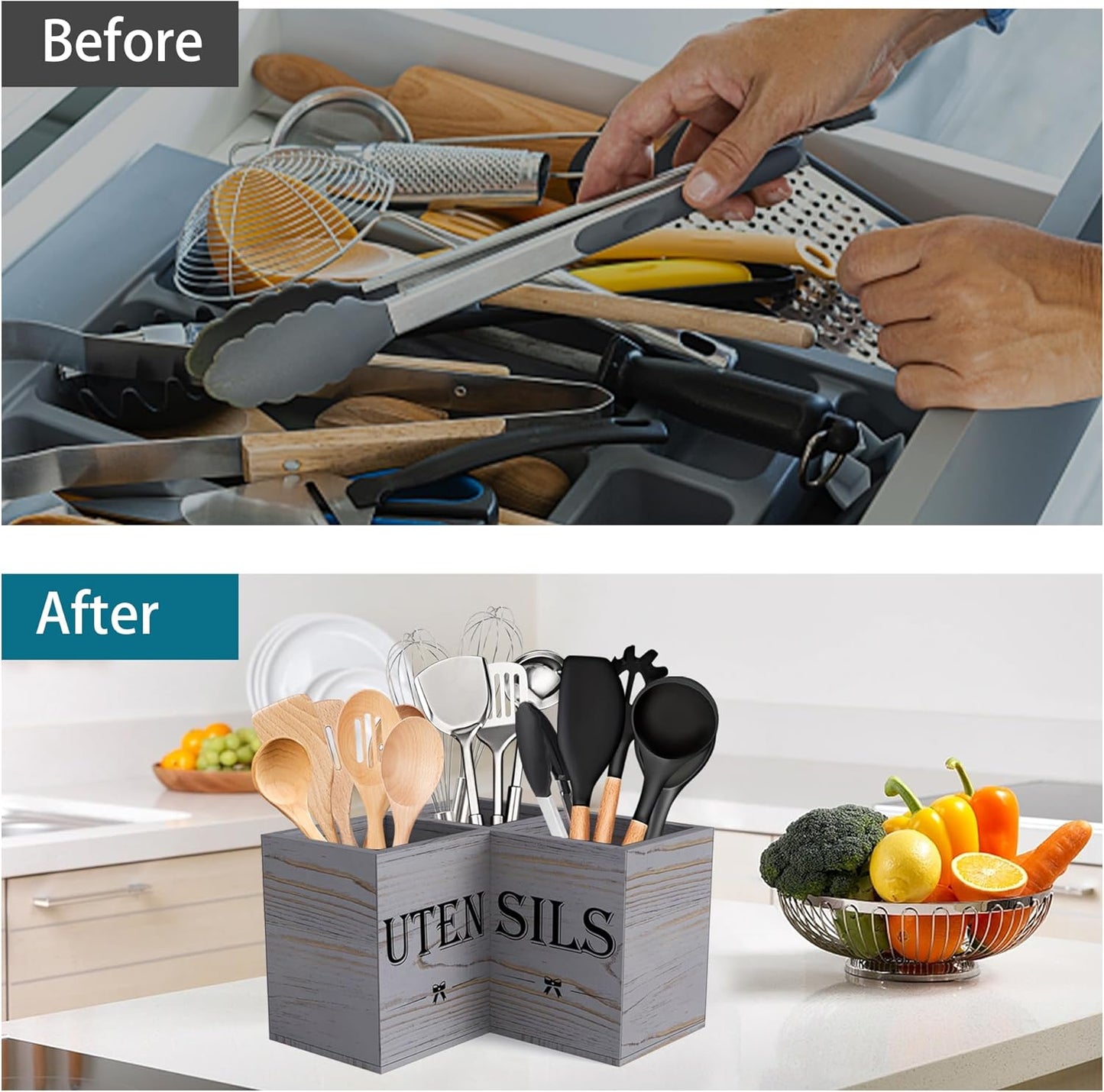Extra Large Utensil Holder Countertop for Kitchen Counter,Wood,Black | Hold 40 Utensils,3 Removable Divider,Rutic Silverware Organizer Caddy,Spacesaving,Farmhouse Cooking Crock for Spatula,Spoon