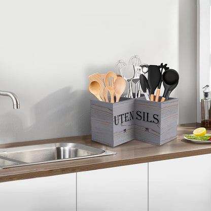Extra Large Utensil Holder Countertop for Kitchen Counter,Wood,Black | Hold 40 Utensils,3 Removable Divider,Rutic Silverware Organizer Caddy,Spacesaving,Farmhouse Cooking Crock for Spatula,Spoon